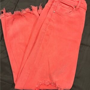 Vibrant Coral Women's Cropped Jeans with Frayed Hem